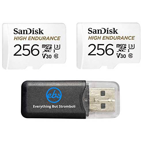 SanDisk 하이 지구력 256GB MicroSDXC 메모리 카드 (2 팩) 대시보드 캠&  홈 세큐리티 시스템 비디오 카메라 (SDSQQNR-256G-AN6IA) Class 10 번들,묶음 1 Everything But 스트롬볼리 마이크로SD 카드 리더, 리더기