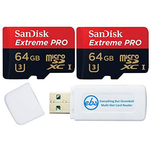 SanDisk 64GB 마이크로 SDXC 메모리 카드 익스트림 프로 (2 팩) Works 고프로 히어로 9 블랙 액션 카메라 U3 V30 4K Class 10 ( SDSQXCY-064G-GN6MA) 번들,묶음 1 Everything But 스트롬볼리 TF& SD 카드 리더, 리더기