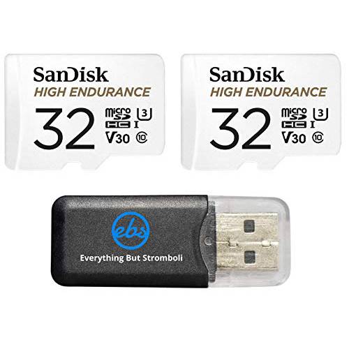 SanDisk 하이 지구력 32GB MicroSDHC 메모리 카드 (2 팩) 대시보드 캠&  홈 세큐리티 시스템 카메라 (SDSQQNR-032G-GN6IA) Class 10 번들,묶음 (1) Everything But 스트롬볼리 마이크로SD 카드 리더, 리더기