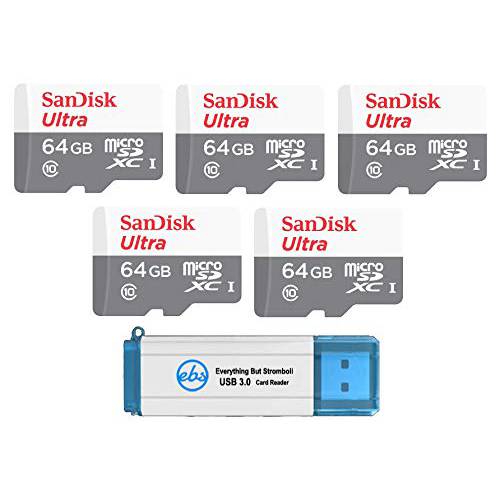 SanDisk 울트라 64GB microSDXC 메모리 카드 (5 팩) UHS-I Class 10 SDSQUNS-064G-GN3MN 번들,묶음 (1) Everything But 스트롬볼리 3.0 SD/ TF 마이크로 카드 리더, 리더기