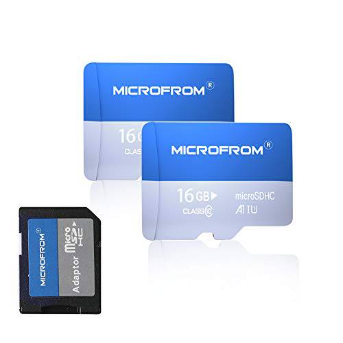 MICROFROM 16GB x2 MicroSDHC 카드, 마이크로 SD 카드 어댑터, 16GB 플래시 메모리 카드, 하이 스피드 TF 카드 83MB/ S, UHS-1, C10, V10, U1，FAT32 (16GB 2 팩)