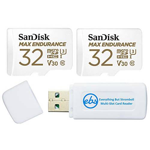 SanDisk 맥스 지구력 32GB TF 카드 MicroSDHC (2 팩) 메모리 카드 대시보드 캠&  홈 세큐리티 시스템 비디오 카메라 (SDSQQVR-032G-GN6IA) 번들,묶음 (1) Everything But 스트롬볼리 마이크로SD 카드 리더, 리더기