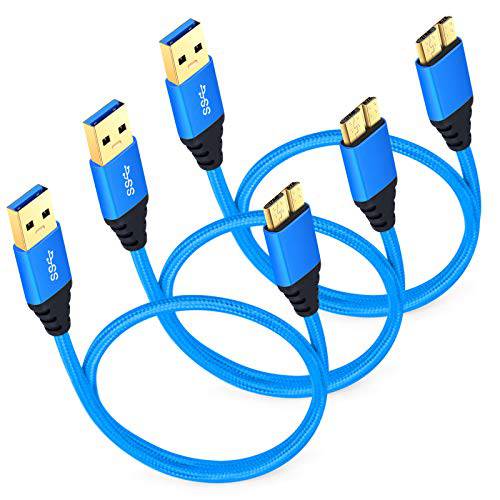 USB 3.0 마이크로 케이블, Besgoods 3-Pack 1.5ft 숏 Braided USB 3.0 A Male to 마이크로 B 충전기 케이블 호환가능한 삼성 갤럭시 S5, 노트 3, 탭 프로 12.2,  하드디스크 and More - 블루