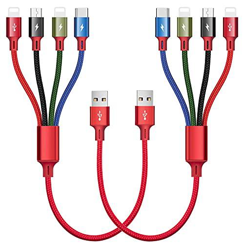 2Pack Minlu 멀티 USB 충전 케이블 4A, 1ft/ 35cm 4-in-1 충전기 케이블 듀얼 폰/ USB-C/ Micro-USB 포트 호환가능한 셀 휴대폰/ 태블릿/ 삼성 갤럭시/ 구글 픽셀/ 소니/ LG/ Huawei(Red)