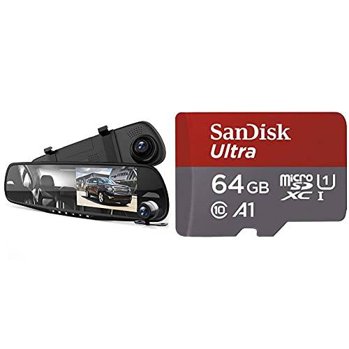 Pyle 블랙박스 후방 미러 - 4.3” - PLCMDVR49& SanDisk 64GB 울트라 microSDXC UHS-I 메모리 카드 어댑터포함 - 100MB/ S, C10, U1, 풀 HD, A1, 마이크로 SD 카드 - SDSQUAR-064G-GN6MA