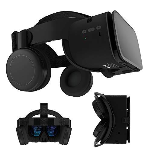 3D VR 헤드셋, 3D VR 글라스 뷰어 w/ 블루투스 헤드폰,헤드셋 iOS 아이폰 12 11 프로 맥스 미니 X R S 8 7 삼성 갤럭시 S10 S9 S8 S7 엣지 노트/ A 10 9 8+ Other 4.7-6.2 핸드폰, 블랙
