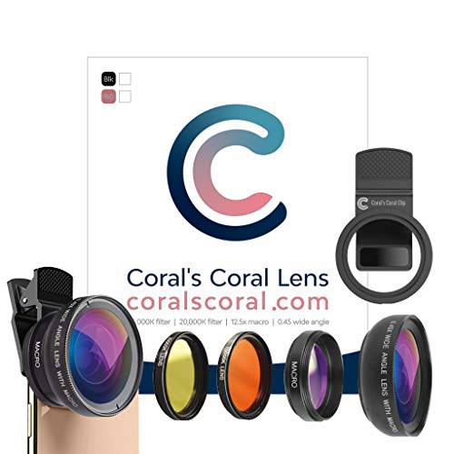 Coral’s 코랄 버전 2 렌즈 스마트폰 Clip-on 카메라 필터 키트 와이드 앵글+  매크로 렌즈&  방수 케이스 아이폰 11& 12 프로/ 맥스 안드로이드 범용 FITS UP to 3 카메라
