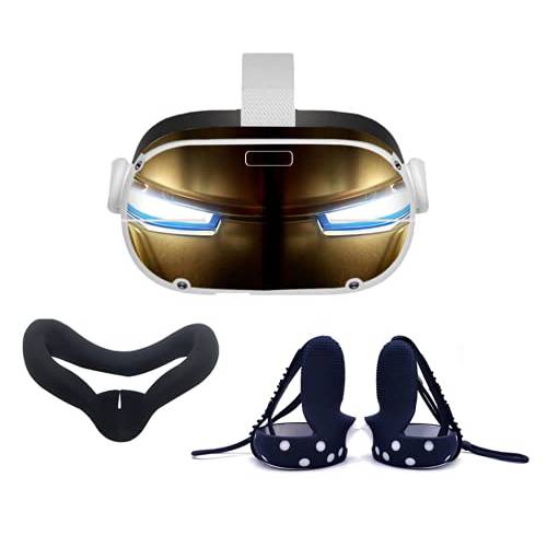 클린 VR 실리콘 페이스 커버 패드 오큘러스 퀘스트 2+  보호 터치 컨트롤러 그립 커버+  헤드셋 and 악세사리 스티커 | 라이트 차단 땀방지 세척가능 AntiCollision 듀러블 (아이언 블랙)