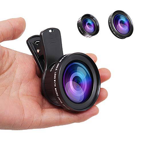 JONGSUN 폰 카메라 렌즈 키트, 프로 2 in 1 범용 0.45x 와이드 앵글 렌즈, 15x 매크로 렌즈, 호환가능한 아이폰 안드로이드 스마트폰 악세사리 (블랙)