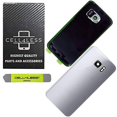 Cell4Less 호환가능한 후면 글래스 커버 후면 도어 w/ 설치 카메라 렌즈, 커스텀 리무버 툴&  설치 접착 교체용 호환가능한& Fits The 삼성 갤럭시 S7 - 모든 캐리어 G930 (실버)