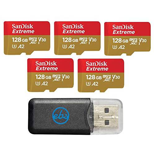 SanDisk 익스트림 마이크로SD 카드 128GB (5 팩) 메모리 카드 DJI FPV 드론 (SDSQXA1-128G-GN6MN) Class 10 4K 비디오 스피드 V30 UHS-I U3 A2 SDXC 번들,묶음 (1) Everything But 스트롬볼리 마이크로 카드 리더, 리더기