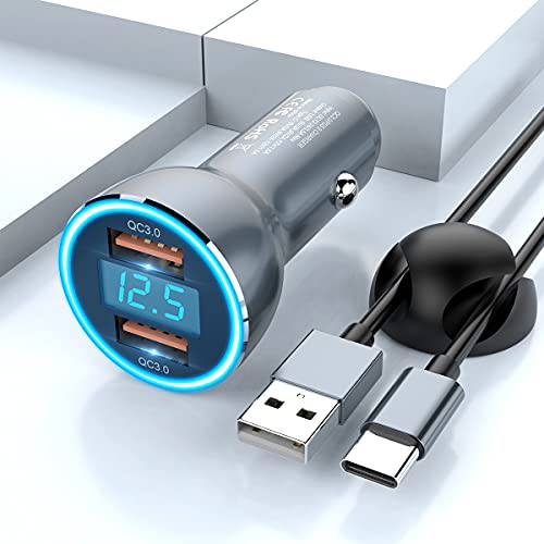 [모든 메탈] 듀얼 QC3.0 차량용충전기 3FT USB 타입 C 케이블 and 케이블 클립 [듀얼 QC3.0 포트] 36W/ 6A 고속 차량용충전기 어댑터 미니 시거잭 USB 충전기 퀵 충전 3.0