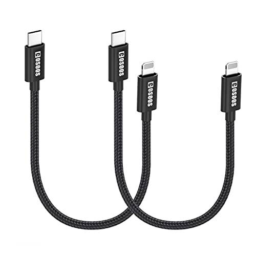 2 숏 USB-C to 아이폰 케이블 (10in/ 26cm)COSOOS 나일론 Braided 고속충전 동기화 케이블, 파워 코드 호환가능한 아이폰 13 프로 맥스, 13 프로, 13, 13mini, 12, 11, Xs, XR, X, 8, 7, 6, PD USB-C 충전기 스테이션