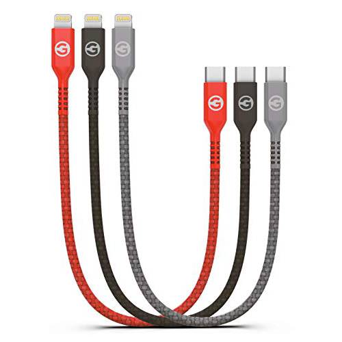 Galvanox 숏 아이폰 충전 케이블 (3 팩) 애플 MFi 인증된 USB C to 라이트닝 1ft Braided 충전기 코드 호환가능한 아이폰 XR/ 11/ 12/ 프로 맥스 (레드/ 그레이/ 블랙)