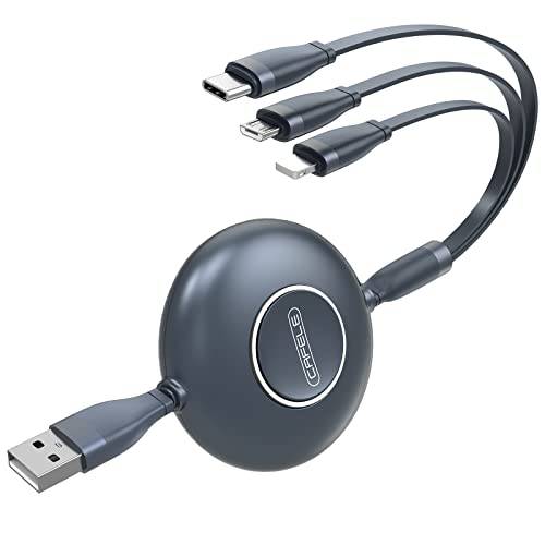 CAFELE 멀티 USB 충전 케이블 1-Pack, 개폐식 3 in 1 고속충전기 케이블 3A (Total) 3.6 FT IP/ TP-C/ Micro-USB 포트 Most 셀 휴대폰/ 태블릿/ 삼성 갤럭시/ 픽셀/ 소니/ LG/ HTC