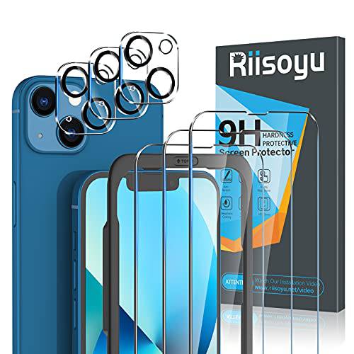 Riisoyu [3+ 3 팩] 3 팩 아이폰 13 화면보호필름, 액정보호필름, 3 팩 카메라 렌즈 보호 아이폰 13, 케이스 친화적, 9H 강도,  기포방지, 간편 설치 강화유리 아이폰 13-6.1’’