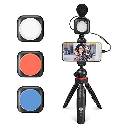 Vlogging 키트 아이폰, OMBAR 비디오 레코딩 장비 초보자 360° 맞추다 폰 홀더, LED 라이트, 마이크,마이크로폰, 블루투스 리모컨 - 유튜브 브이로그 키트 아이폰, 안드로이드, 삼성, 화웨이