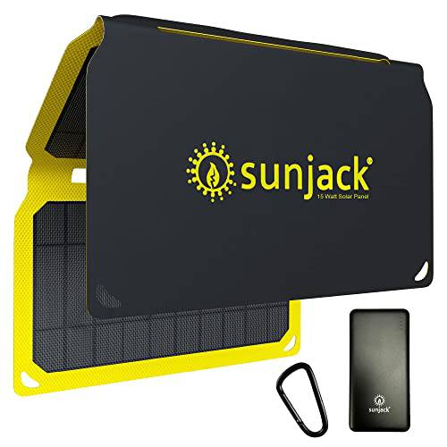 SunJack 15 와트 폴더블 내후성 ETFE 단결정 태양광 패널 충전기+ 10000mAh 보조배터리, 파워뱅크 USB  휴대폰, 태블릿 and 휴대용 배낭여행, 캠핑, 등산 and More