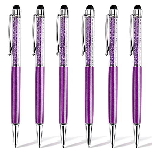 HOSTK 6pcs 2 in 1 스타일러스 볼펜, 블랙 잉크, 크리스탈 다이아몬드 개폐식 스크린 터치 펜, Bling 정전식 펜 스마트폰, 터치 스크린 디바이스, 노트, Tab(6 Pen-Black Ink-Purple 쉘)
