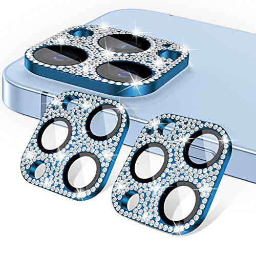 [2 팩] Goton Bling 카메라 렌즈 화면보호필름, 액정보호필름 호환가능한 아이폰 13 프로 맥스& 13 프로, 글리터, 빤짝이 다이아몬드 메탈 커버 글래스 렌즈 보호 악세사리 (블루+ 블루)