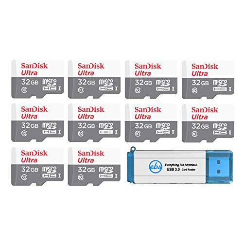 SanDisk 울트라 32GB microSDHC 메모리 카드 (10 팩) UHS-I Class 10 SDSQUNS-032G-GN3MN 번들,묶음 (1) Everything But 스트롬볼리 3.0 SD/ TF 마이크로 카드 리더, 리더기