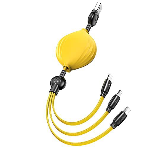 N/ A 멀티 USB 개폐식 충전 케이블 3 in1 고속충전기 케이블 커넥터 with/ 타입 C/ 마이크로 USB/ 라이트닝 (Yellow), 14*14*0.78inch
