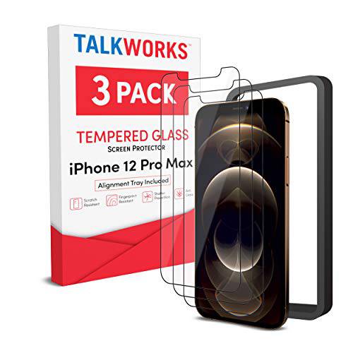 TALK WORKS 화면보호필름, 액정보호필름 아이폰 12 프로 맥스 (3 팩) 설치 트레이, 프리미엄 강화유리 필름 듀러블 0.33mm 9H 강도, 케이스 호환가능한, Smudge, 스크레치, 크랙, 파편 방지, HD 터치
