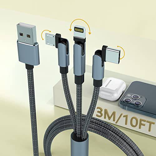 MTAKYI 180°Rotation 멀티 3-in-1 범용 USB 충전 Cable，3M/ 10FT 라이트닝+ 타입 C+ 마이크로 USB 나일론 Braided 충전기 케이블 커넥터 어댑터 안드로이드/ 아이폰/ 애플/ 삼성/ LG-Uber 표지판