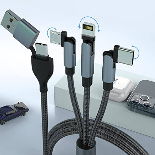 MTAKYI 180°Rotation 멀티 2-in-3 범용 USB 충전 Cable，1.8M/ 6FT 라이트닝+ 타입 C+ 마이크로 USB 나일론 Braided 충전기 케이블 커넥터 어댑터 안드로이드/ 아이폰/ 애플/ 삼성/ LG-Uber 사인