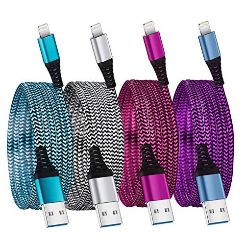 USB to 라이트닝 Cable：6FT 4Pack Braided 고속충전 파워 어댑터 Cargador 코드 아이폰 13 프로 맥스/ 12 프로 맥스/ 12Pro/ 11 프로 맥스/ Xs/ XR/ 8/ 7/ 6S 플러스 아이패드 미니 에어팟 컬러 와이어