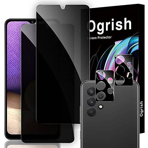 Ogrish 2 팩 프라이버시 강화유리 화면보호필름, 액정보호필름 삼성 갤럭시 A32 5G[Not 호환 A32 4G]- and 2 팩 카메라 렌즈 보호 - Anti-Fingerprint, 파편 방지, HD Clarity (Anti-spy)