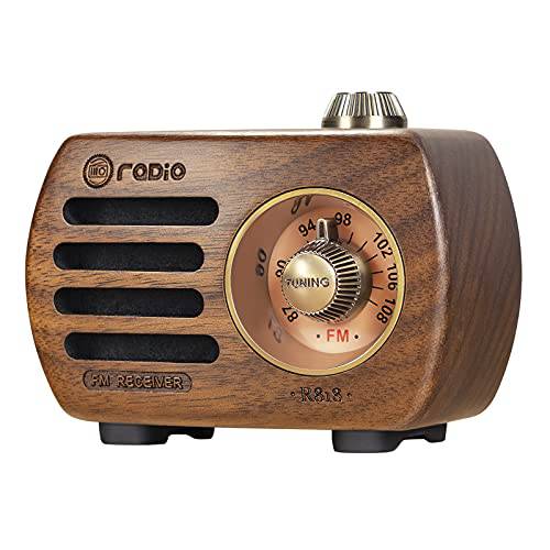 PRUNUS R-818 레트로 FM 라디오 미니 휴대용 나무 Old 빈티지 라디오 블루투스, 충전식 배터리 작동, 강력 베이스 Enhancement, 고음량 스피커, 지원 AUX in (브라운)