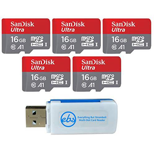 SanDisk 16GB 마이크로 울트라 메모리 카드 (5 팩 번들,묶음) 98MB/ s 스피드 Class 10, SDHC Works 안드로이드 휴대폰, 갤럭시 태블릿 (SDSQUAR-016G-GN6MN) 플러스 1 Everything But 스트롬볼리 (TM) 마이크로SD 카드 리더, 리더기