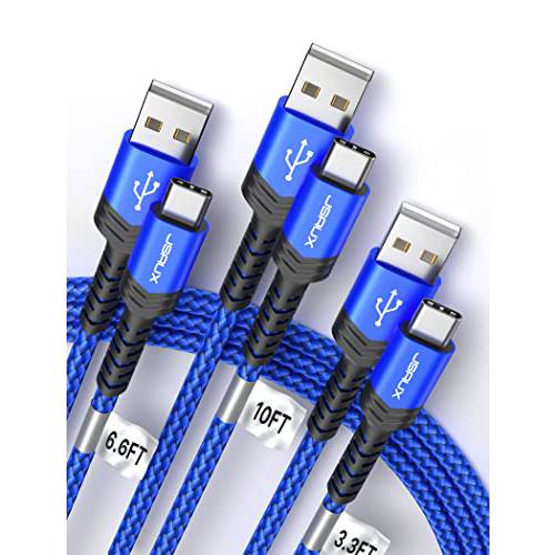 USB-C 케이블 3.1A 고속충전, JSAUX 3-Pack (10ft+ 6.6ft+ 3.3ft) USB A to 타입 C 충전 나일론 Braided 케이블 호환가능한 삼성 갤럭시 S20 S10 S9 S8 플러스 노트 10 9 8, PS5, USB C Charger(Blue)
