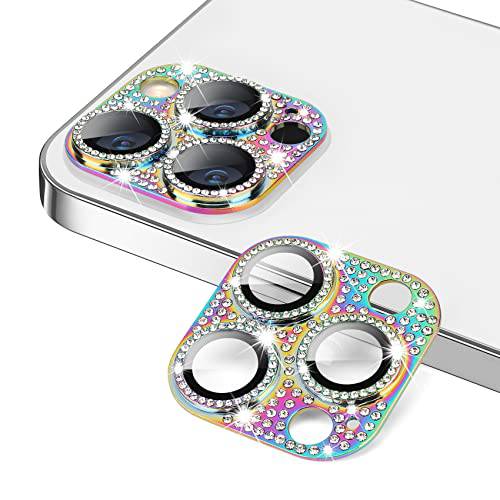 Hsefo 아이폰 12 프로 맥스 카메라 렌즈 보호, Bling 3D 큐빅 다이아몬드 9H 강화유리 카메라 커버 안티 스크레치 충격방지 메탈 렌즈 스크린 풀 보호 커버 -Colorful