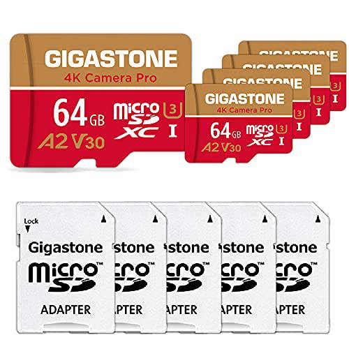 [5-Yrs 프리 데이터 복구] Gigastone 64GB 5-Pack 마이크로 SD 카드, 4K 카메라 프로 고프로,  보안카메라, CCTV, WYZE, DJI, 드론, Nintendo-Switch, R/ W up to 95/ 35MB/ s MicroSDXC 메모리 카드 UHS-I U3 A2 V30