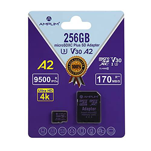 Amplim 마이크로 SD 카드 256GB, New 2021 마이크로SD 메모리 플러스 어댑터, 익스트림 고속 170MB/ S A2 MicroSDXC U3 Class 10 V30 UHS-I Nintendo-Switch, 고프로 히어로, 서피스, 폰, 카메라 캠, 태블릿, 태블릿PC