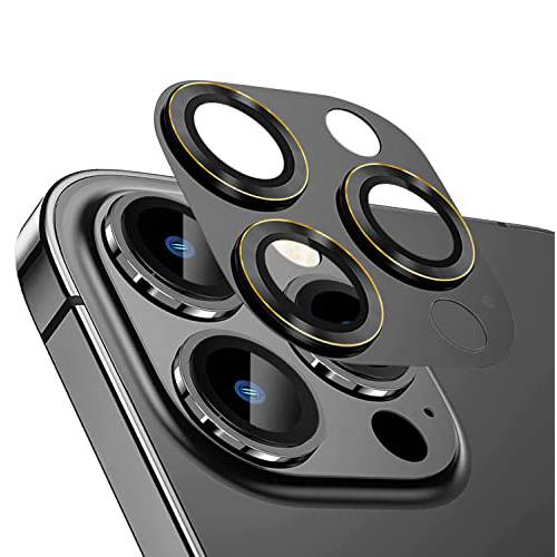 Kanosan 아이폰 13 프로/ 아이폰 13 프로 맥스 카메라 렌즈 보호 3D 메탈 플러스 9H 강화유리 장식용 카메라 커버 부착물 악세사리 (Black-Gold)