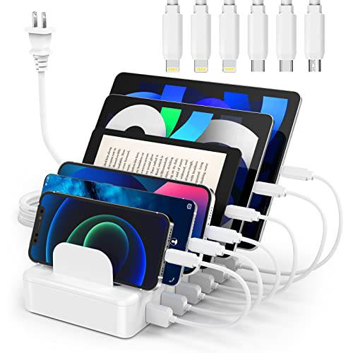 ZXSWONLY 충전 스테이션 다양한 디바이스, 6 포트 USB 충전 도크 6 케이블 호환가능한 핸드폰, 태블릿, 태블릿PC, 킨들, and Other 전자제품 (화이트)