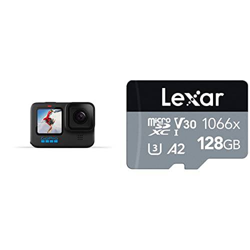 고프로 HERO10 블랙 - 방수 액션 카메라, 5.3K60 울트라 HD 비디오, 23MP 포토, 1080p w/ 프로페셔널 1066x 128GB microSDXC UHS-I 카드 w/ SD 어댑터, Up to 160MB/ s Read(LMS1066128G-BNANU)