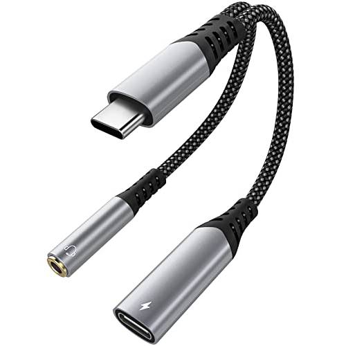 USB 타입 C to 3.5mm 헤드폰 and 충전기 어댑터, 2 in 1 USB C Hi-Res DAC Aux 오디오 잭 and 고속충전 동글 케이블 호환가능한 갤럭시 S20 울트라/ S20+/ S21/ S22/ 노트 20/ 10, 픽셀 3/ 4/ XL, 그레이