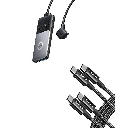 Anker 333 USB C to USB C 케이블 (6ft 100W, 2-Pack), USB 2.0 타입 C 충전 케이블 고속 충전& Anker 727 충전 스테이션 ( GaNPrime 100W ), 5ft 탈착식 연장 케이블 2 Outlets and 4 USB 포트