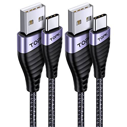 USB C 케이블, TOPK [2-Pack, 6ft] 3A 고속충전 USB A to 타입 C 충전 케이블 프리미엄 나일론 USB 케이블 호환가능한 삼성 갤럭시 S10 S10+ S20 S9 S8 and Other USB C 충전기