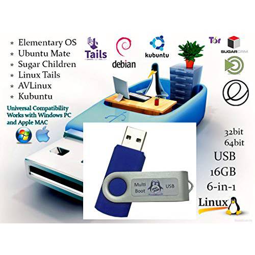 범용 6-in-1 Linux Best 작동 Systems 콜렉션 Install 복구 MultiBoot Bootable Live USB 조명 썸 드라이브 for PCs and MACs