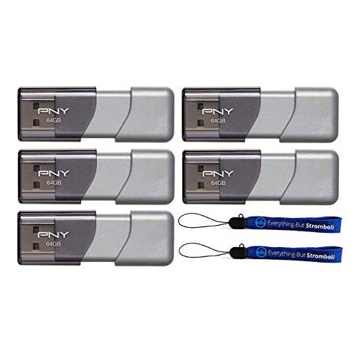 PNY 64GB USB 3.0 플래시드라이브 Elite Turbo Attache 3 (Five 팩) 모델 P-FD64GTBOP-GE 번들,묶음 with (2) Everything But 스트롬볼리 스트랩