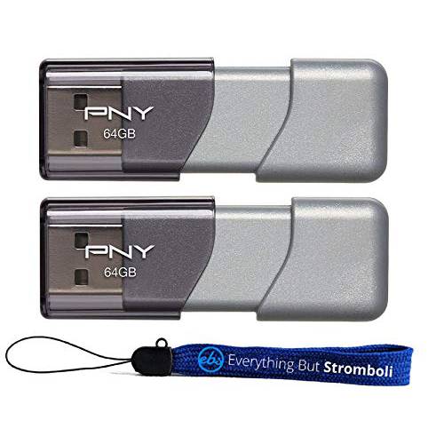 PNY USB 3.0 플래시드라이브 Elite Turbo Attache 3 2 팩 번들,묶음 with (1) Everything But 스트롬볼리 스트랩 (64GB 2 팩, 그레이)