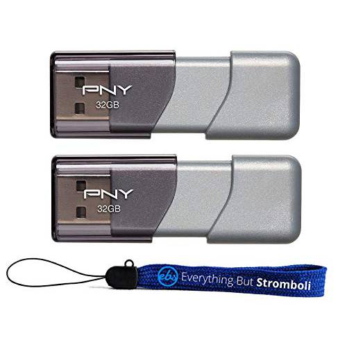 PNY USB 3.0 플래시드라이브 Elite Turbo Attache 3 2 팩 번들,묶음 with (1) Everything But 스트롬볼리 스트랩 (32GB 2 팩, 그레이)