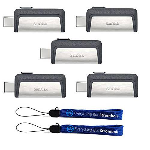 SanDisk  울트라 16GB 듀얼 드라이브 USB Type-C (Five 팩) Works with 스마트폰, 태블릿, and 컴퓨터 (SDDDC2-016G-G46) 번들,묶음 with (2) Everything But 스트롬볼리 스트랩
