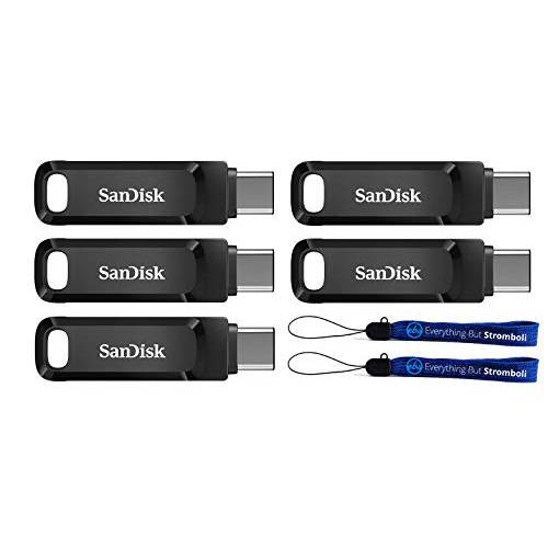 SanDisk 256GB 울트라 듀얼 드라이브 Go (SDDDC3-256G-G46) 2-in-1 USB Type-A& Type-C 플래시드라이브 - 5 팩 번들,묶음 with 2 Everything But 스트롬볼리 끈