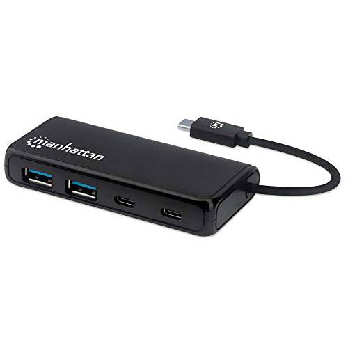 Manhattan 4-Port Superspeed USB 허브 지지 5 Gbps 전송 Speeds with Built-in USB-C Male 커넥터, 2 USB-A Female Ports, 2 USB-C Female Ports and LED 파워 인디케이터, Bus-Powered, 블랙